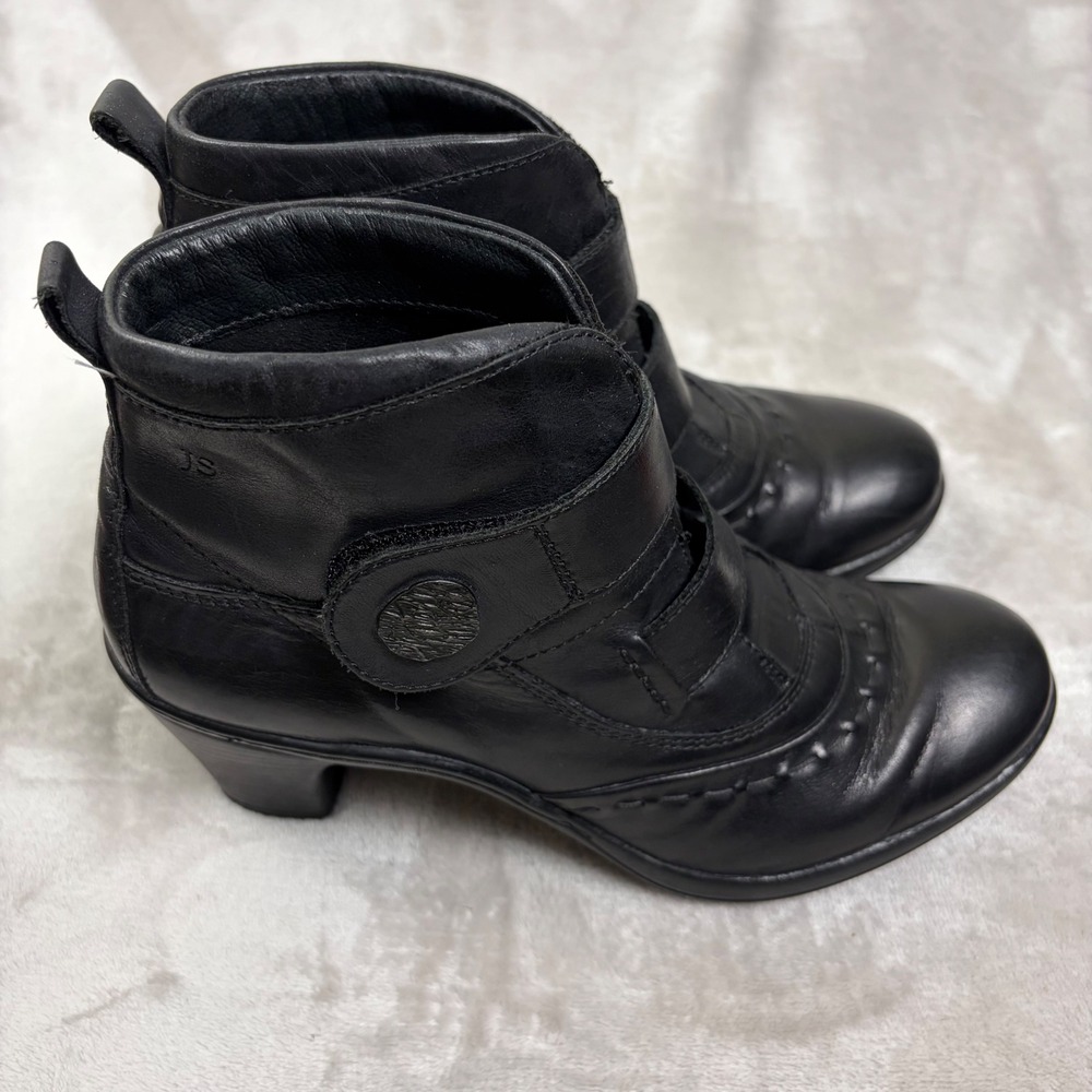 Josef Seibel Black Leather Strap Whipstitch Ankle Boots Block Heel EU 37 US 7